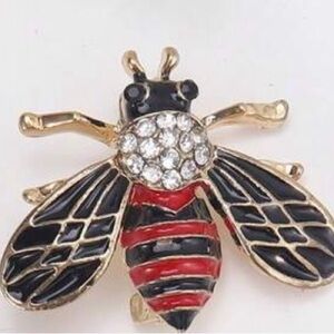 Crystal Bee Brooch 🐝 Gold Tone Red Black Enamel Statement Pin Trendy